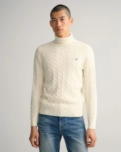 Gant Miesten Neule, Cotton Cable Turttle Neck Valkoinen