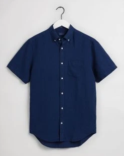 Gant Miesten Pellavapaita, Linen Shirt Ss Regular Tummansininen