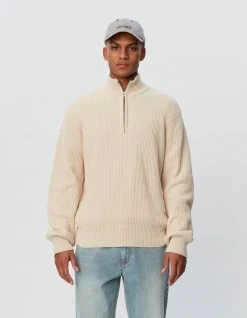 LES DEUX Neule, FLETCHER RIB HALF ZIP Luonnonvalkoinen
