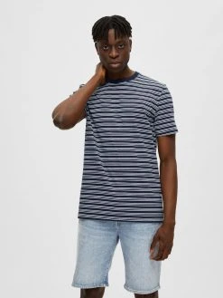 Selected T-paita, SLH AD STRIPE SS O-NECK Raidallinen Sininen