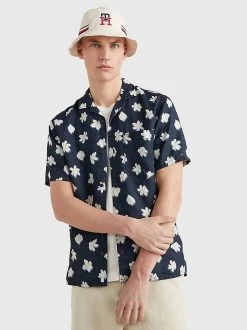 Tommy Hilfiger Lyhythihainen Pellavapaita, MONO FLOWER RF SS SHIRT Sininen Kuosi