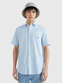 Tommy Jeans, Miesten Kauluspaita, RLX SS STRIPE LINEN SHIRT Raidallinen Sininen