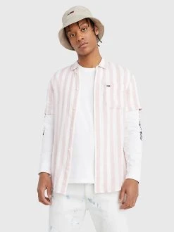 Tommy Jeans Miesten Kauluspaita TJM LINEN BLEND STRIPE SHIRT Raidallinen Pinkki